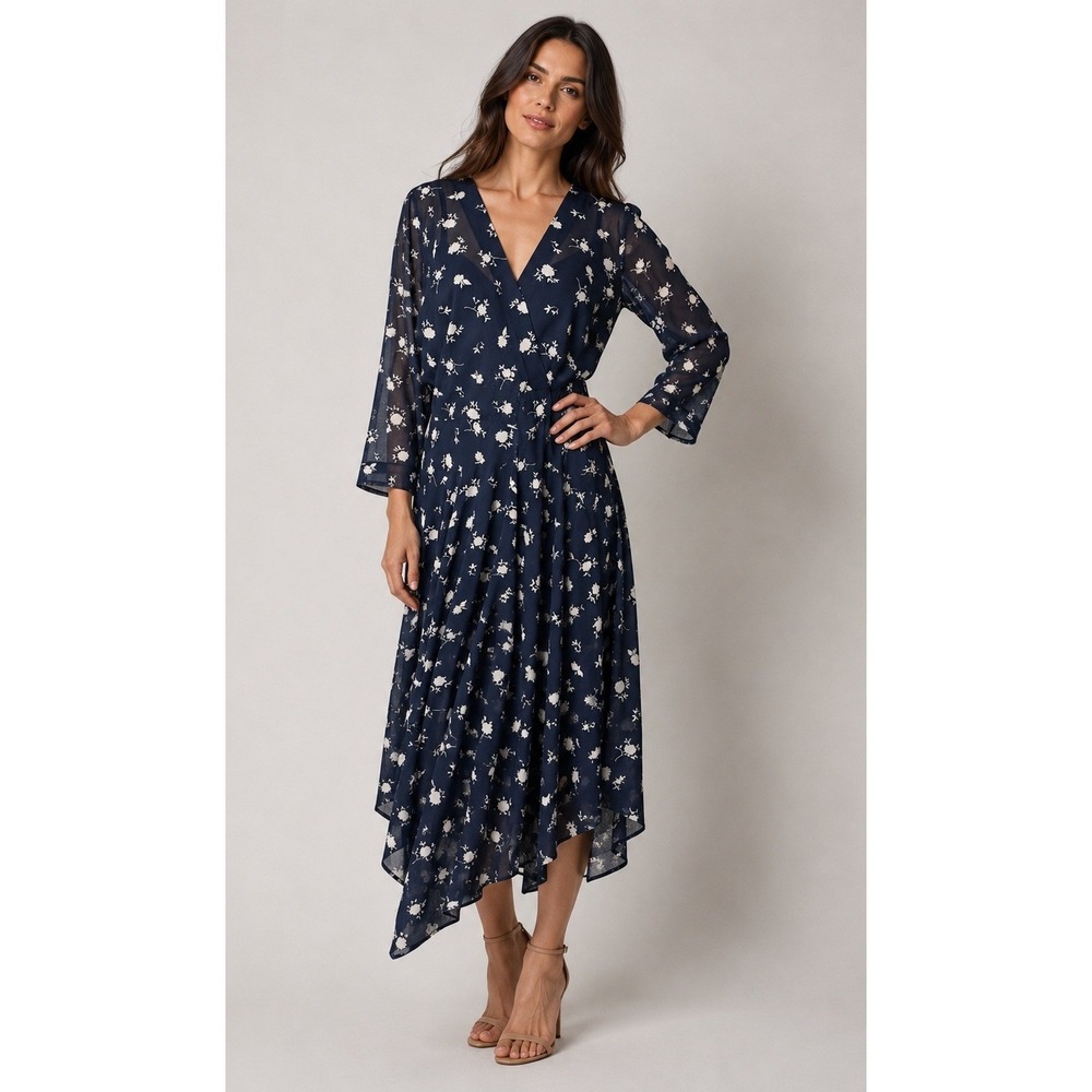 Cabi Pemberley Dress Women‎ 12 Blue Midnight Floral Dream Midi Boho Cottgecore